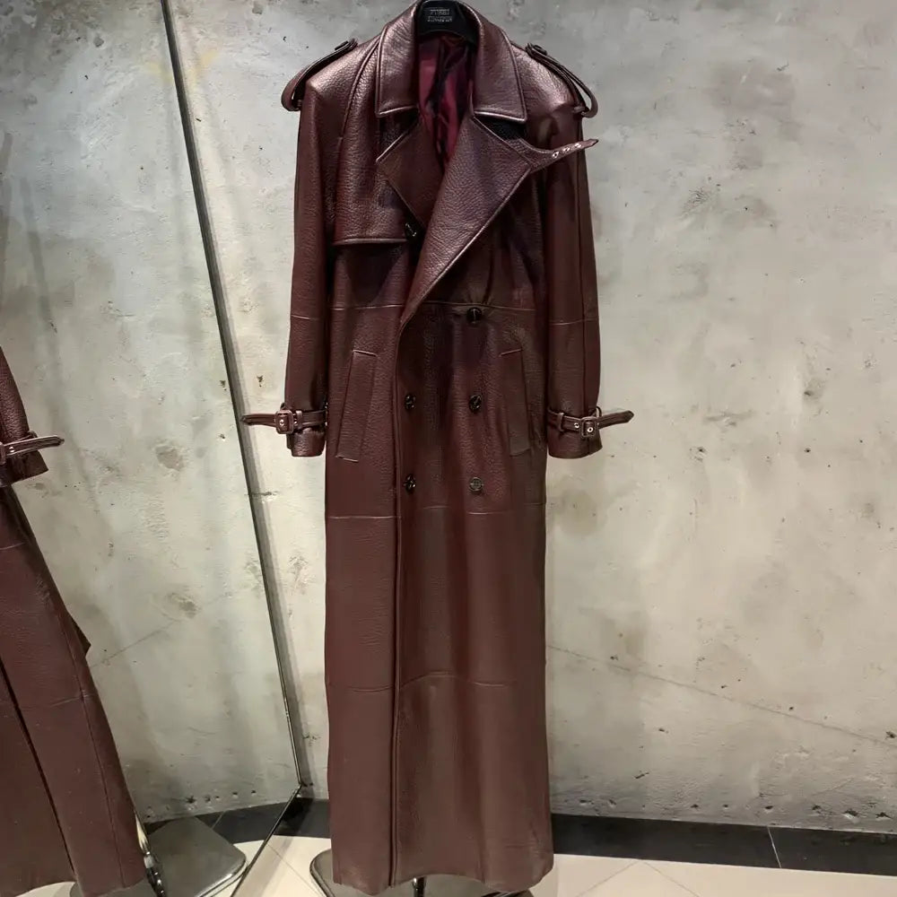 Suede Leather Coats Women Double Breasted Windbreak Natural Lambskin Coat Floor-length Leather Coat Lady Real Sheepskin