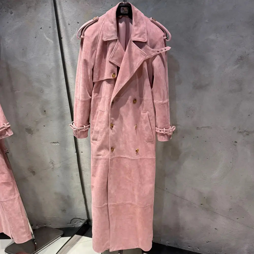 Suede Leather Coats Women Double Breasted Windbreak Natural Lambskin Coat Floor-length Leather Coat Lady Real Sheepskin