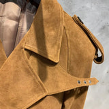 Suede Leather Coats Women Double Breasted Windbreak Natural Lambskin Coat Floor-length Leather Coat Lady Real Sheepskin