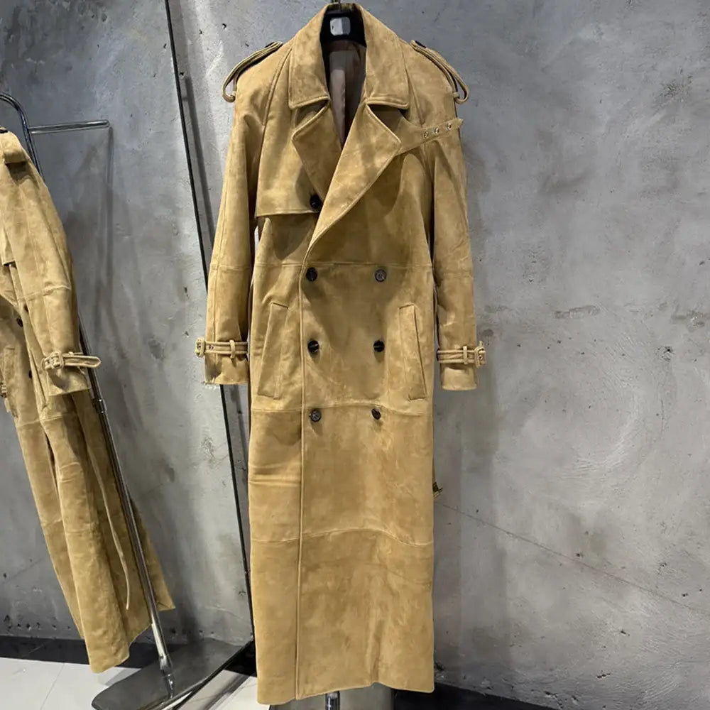 Suede Leather Coats Women Double Breasted Windbreak Natural Lambskin Coat Floor-length Leather Coat Lady Real Sheepskin