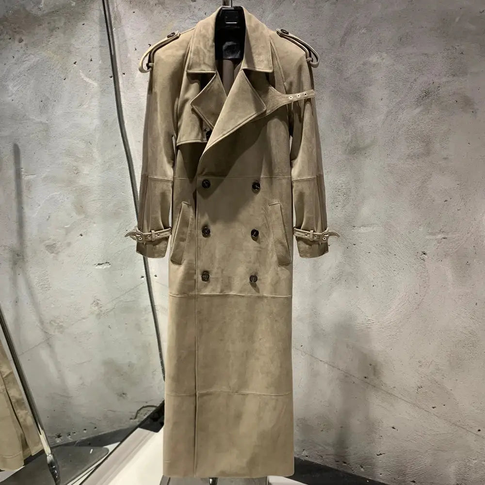 Suede Leather Coats Women Double Breasted Windbreak Natural Lambskin Coat Floor-length Leather Coat Lady Real Sheepskin
