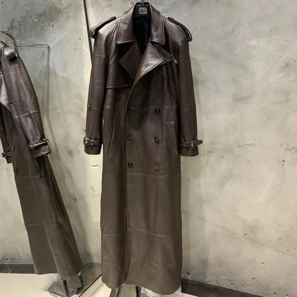 Suede Leather Coats Women Double Breasted Windbreak Natural Lambskin Coat Floor-length Leather Coat Lady Real Sheepskin
