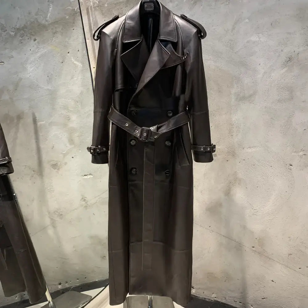 Suede Leather Coats Women Double Breasted Windbreak Natural Lambskin Coat Floor-length Leather Coat Lady Real Sheepskin