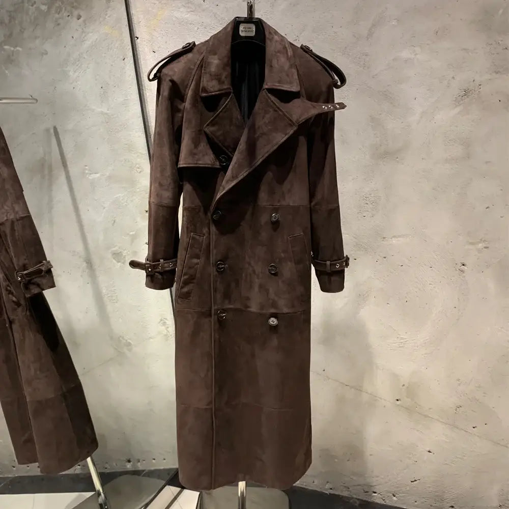 Suede Leather Coats Women Double Breasted Windbreak Natural Lambskin Coat Floor-length Leather Coat Lady Real Sheepskin