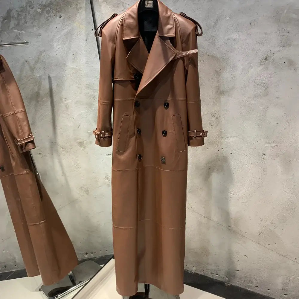 Suede Leather Coats Women Double Breasted Windbreak Natural Lambskin Coat Floor-length Leather Coat Lady Real Sheepskin