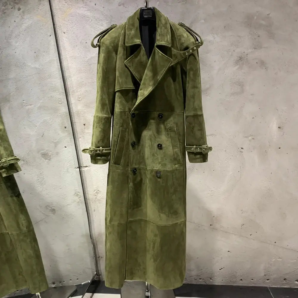 Suede Leather Coats Women Double Breasted Windbreak Natural Lambskin Coat Floor-length Leather Coat Lady Real Sheepskin