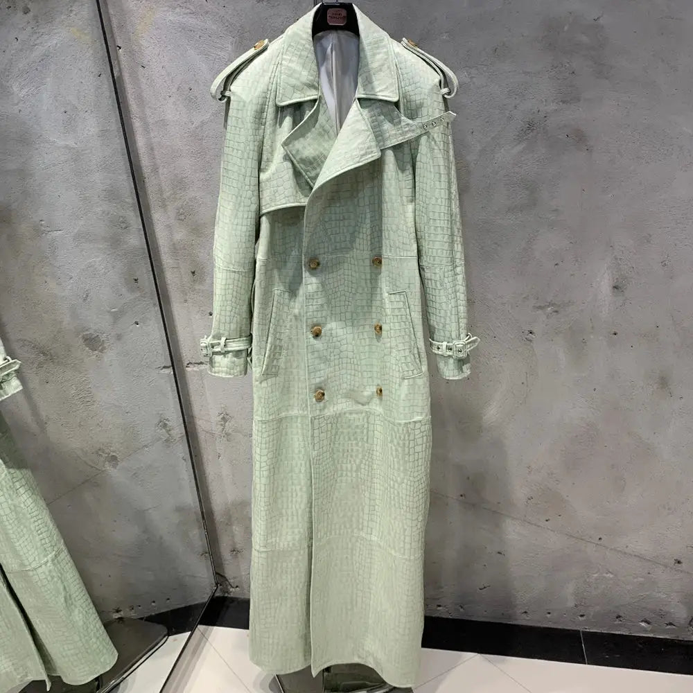 Suede Leather Coats Women Double Breasted Windbreak Natural Lambskin Coat Floor-length Leather Coat Lady Real Sheepskin