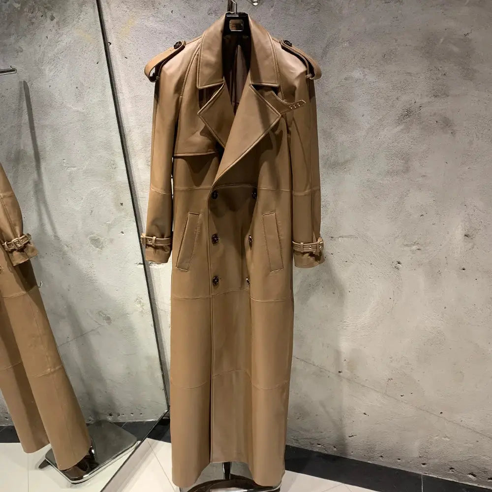 Suede Leather Coats Women Double Breasted Windbreak Natural Lambskin Coat Floor-length Leather Coat Lady Real Sheepskin