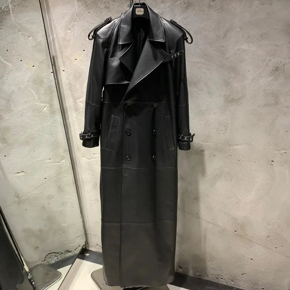 Suede Leather Coats Women Double Breasted Windbreak Natural Lambskin Coat Floor-length Leather Coat Lady Real Sheepskin
