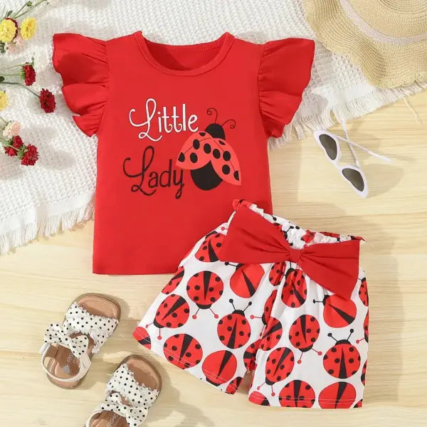 Baby Girl Ladybug Summer Outfit – 2-Piece Sleeveless T-Shirt & Shorts Set for Newborns & Infants - red / 120(5-6Y)