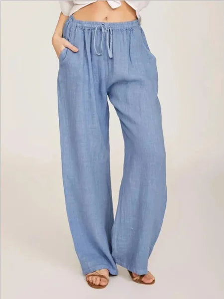 Summer & Autumn Women Cotton Linen Pants – Casual Elastic Waist Wide Leg Trousers - Himpall