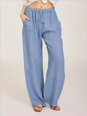Summer & Autumn Women Cotton Linen Pants – Casual Elastic Waist Wide Leg Trousers - Himpall