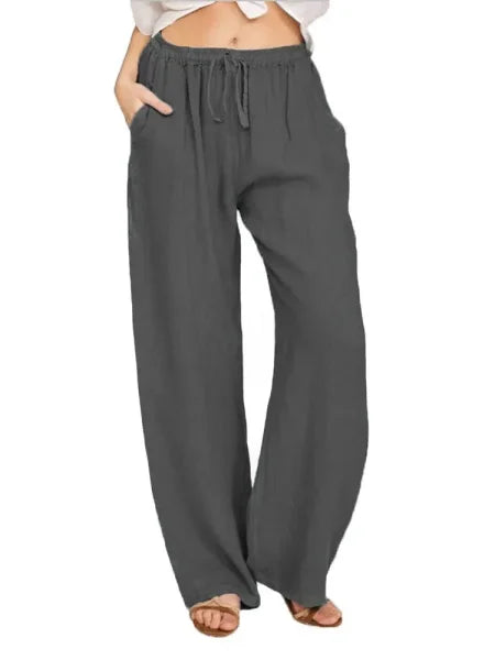 Summer & Autumn Women Cotton Linen Pants – Casual Elastic Waist Wide Leg Trousers - Himpall