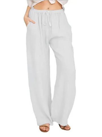Summer & Autumn Women Cotton Linen Pants – Casual Elastic Waist Wide Leg Trousers - Himpall