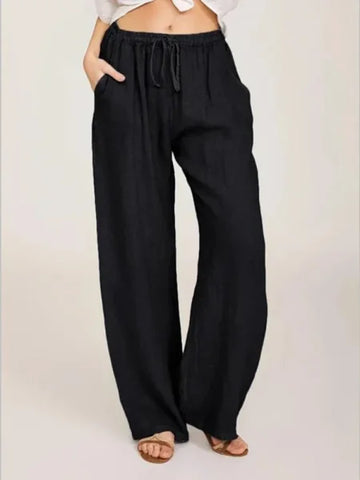 Summer & Autumn Women Cotton Linen Pants – Casual Elastic Waist Wide Leg Trousers - Himpall