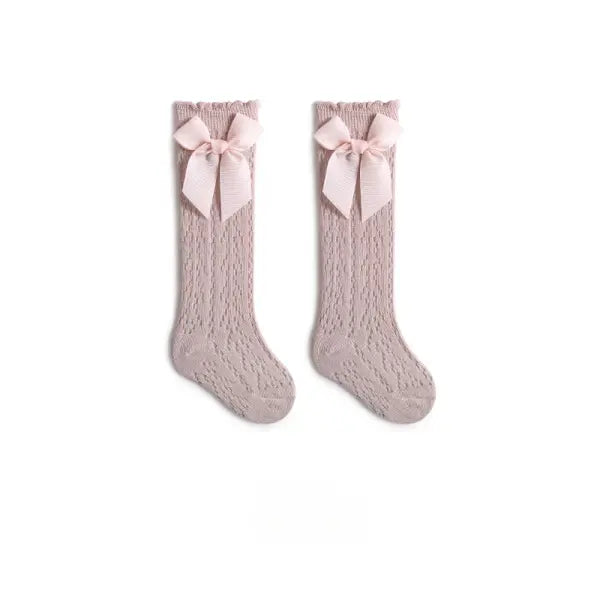 Baby Girl Knee-High Socks – Bow Mesh Cotton Long Socks for Toddlers 0–3Y Spanish Style Lace - pink / M 1-3Years