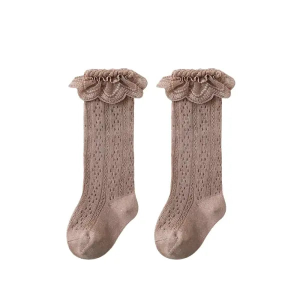 Baby Girl Knee-High Socks – Bow Mesh Cotton Long Socks for Toddlers 0–3Y Spanish Style Lace - coffee floral / M 1-3Years