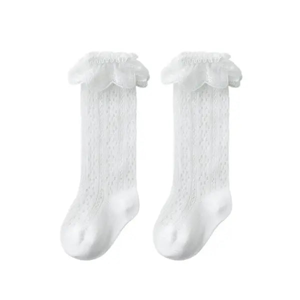 Baby Girl Knee-High Socks – Bow Mesh Cotton Long Socks for Toddlers 0–3Y Spanish Style Lace - white floral / M 1-3Years