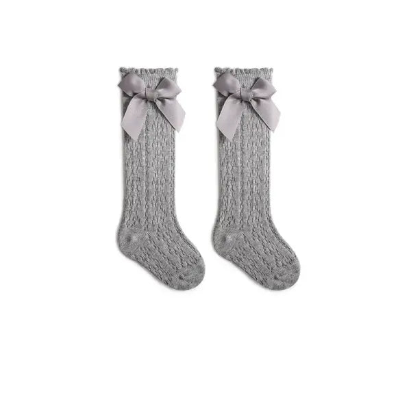 Baby Girl Knee-High Socks – Bow Mesh Cotton Long Socks for Toddlers 0–3Y Spanish Style Lace - gray / S 0-1Years