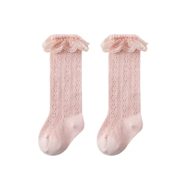 Baby Girl Knee-High Socks – Bow Mesh Cotton Long Socks for Toddlers 0–3Y Spanish Style Lace - pink floral / M 1-3Years