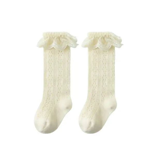 Baby Girl Knee-High Socks – Bow Mesh Cotton Long Socks for Toddlers 0–3Y Spanish Style Lace - yellow floral / M 1-3Years