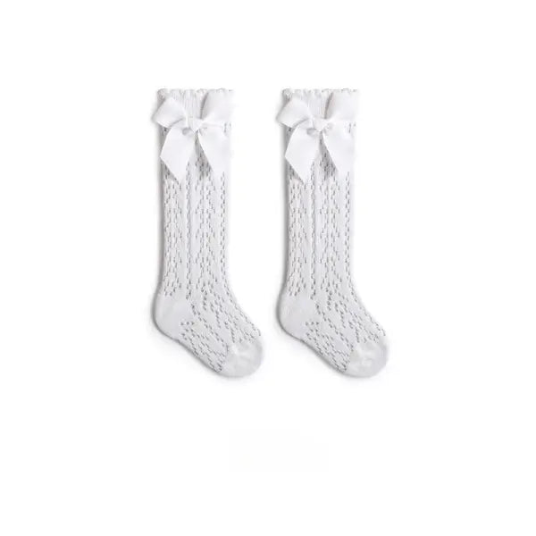 Baby Girl Knee-High Socks – Bow Mesh Cotton Long Socks for Toddlers 0–3Y Spanish Style Lace - white / M 1-3Years