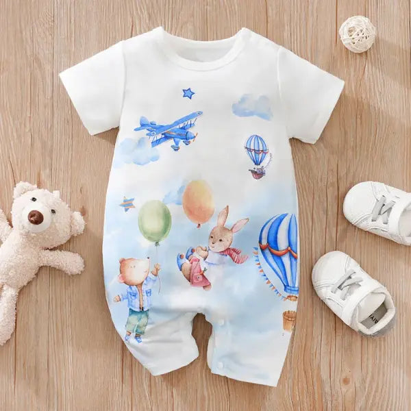 Baby Cartoon Animal Print Bodysuit – Short Sleeve Casual One-Piece for Boys & Girls - SKY BLUE / 12-18M