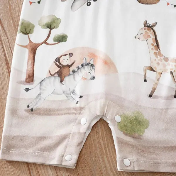 Baby Cartoon Animal Print Bodysuit – Short Sleeve Casual One-Piece for Boys & Girls