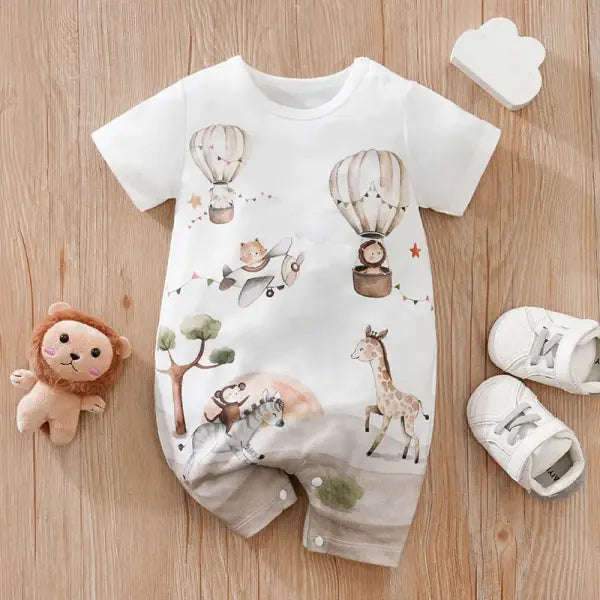 Baby Cartoon Animal Print Bodysuit – Short Sleeve Casual One-Piece for Boys & Girls - GRAY / 0-3M