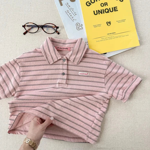 Summer Cotton T-Shirts for Kids – Striped Girls Tops & Boys Polo Shirts (1–6 Years) - pink / 12M 80cm