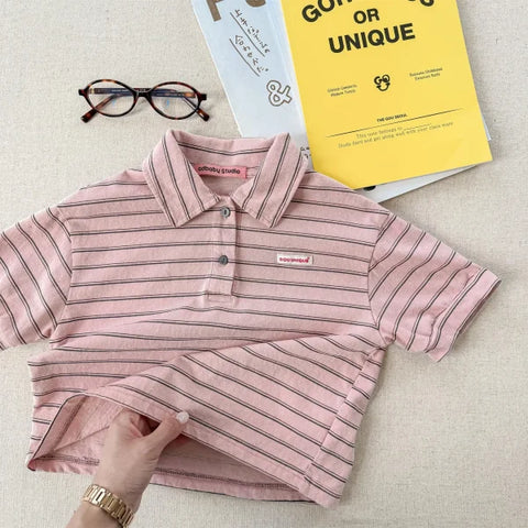 Summer Cotton T-Shirts for Kids – Striped Girls Tops & Boys Polo Shirts (1–6 Years) - pink / 12M 80cm