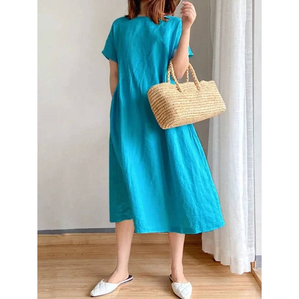 Summer Dress – Comfortable A-Line Midi Dress for Women - Blue / 3XL