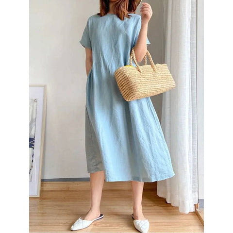 Summer Dress – Comfortable A-Line Midi Dress for Women - Light Blue / 3XL