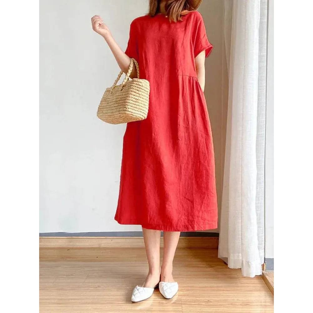 Summer Dress – Comfortable A-Line Midi Dress for Women - Red / S