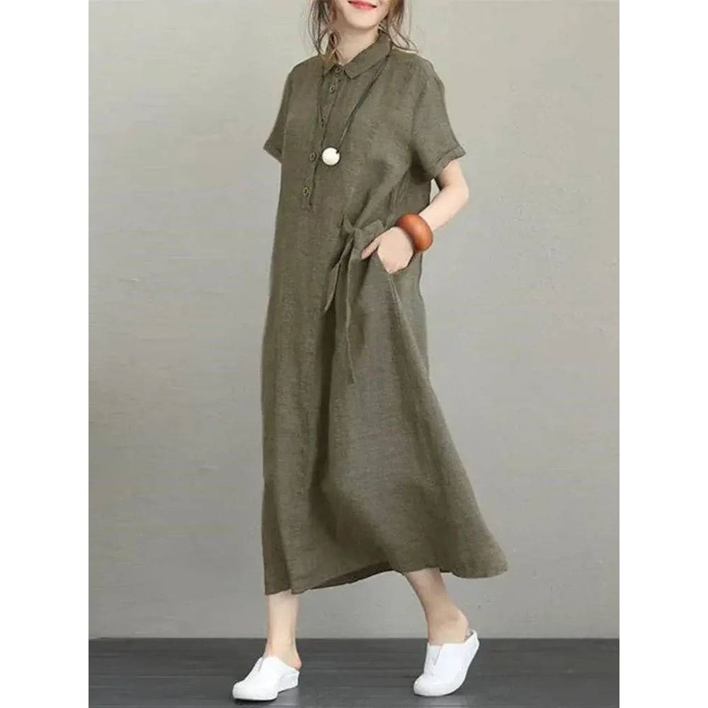 Summer Dress – Stylish Cotton Linen Vintage Dress for Women - Army Green / XXXL