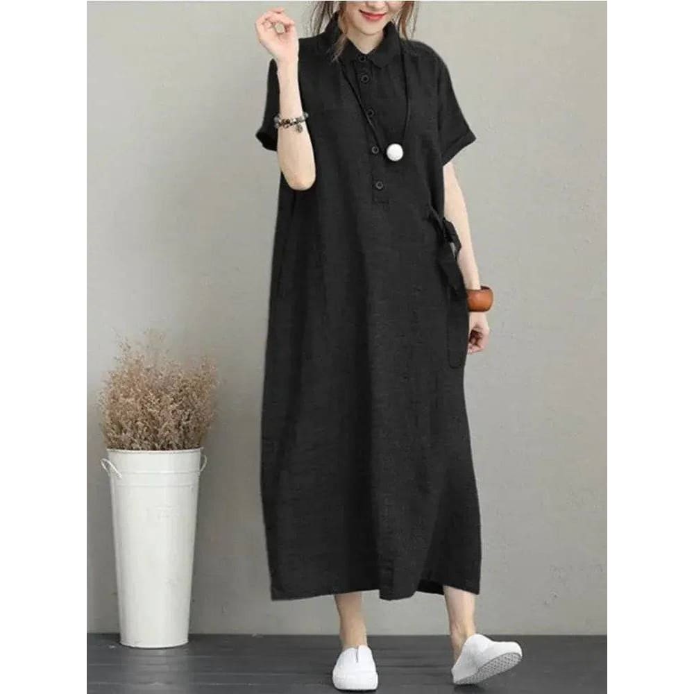 Summer Dress – Stylish Cotton Linen Vintage Dress for Women - Black / XL