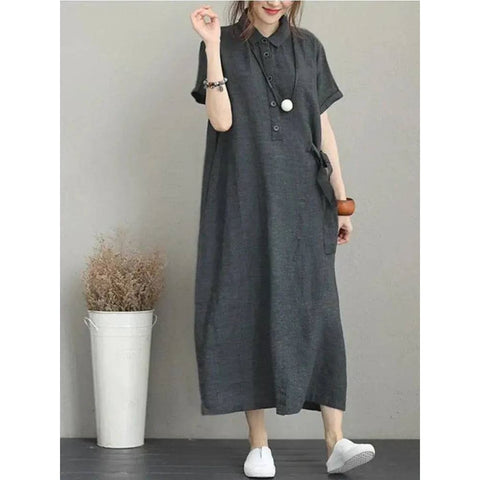 Summer Dress – Stylish Cotton Linen Vintage Dress for Women - Dark Grey / XXL