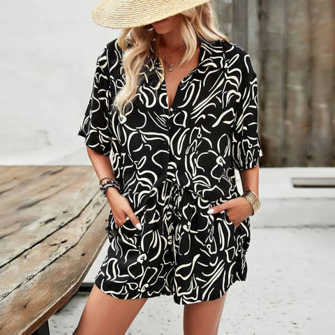 Summer Fashion – 2-Piece Casual Printed Suits with Shorts & Shirt - Black / L