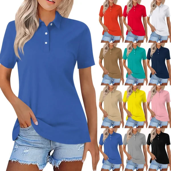 Summer Female Unisex Fashion Casual Lapel Short Sleeve T-shirt Women Fashion Versatile Simple With Button V-neck Up Tops