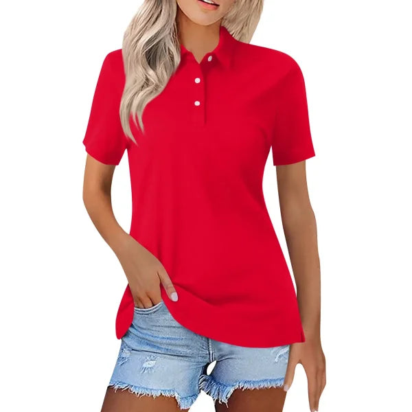 Summer Female Unisex Fashion Casual Lapel Short Sleeve T-shirt Women Fashion Versatile Simple With Button V-neck Up