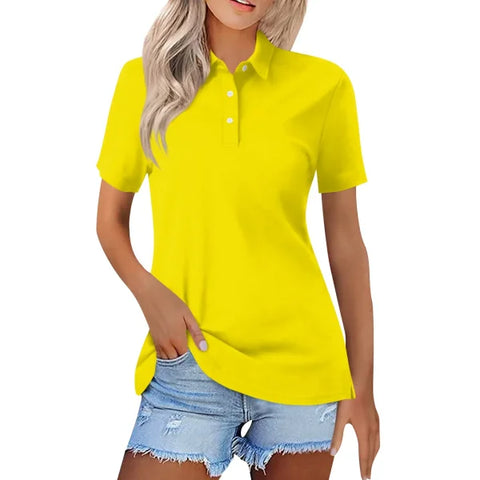Summer Female Unisex Fashion Casual Lapel Short Sleeve T-shirt Women Fashion Versatile Simple With Button V-neck Up