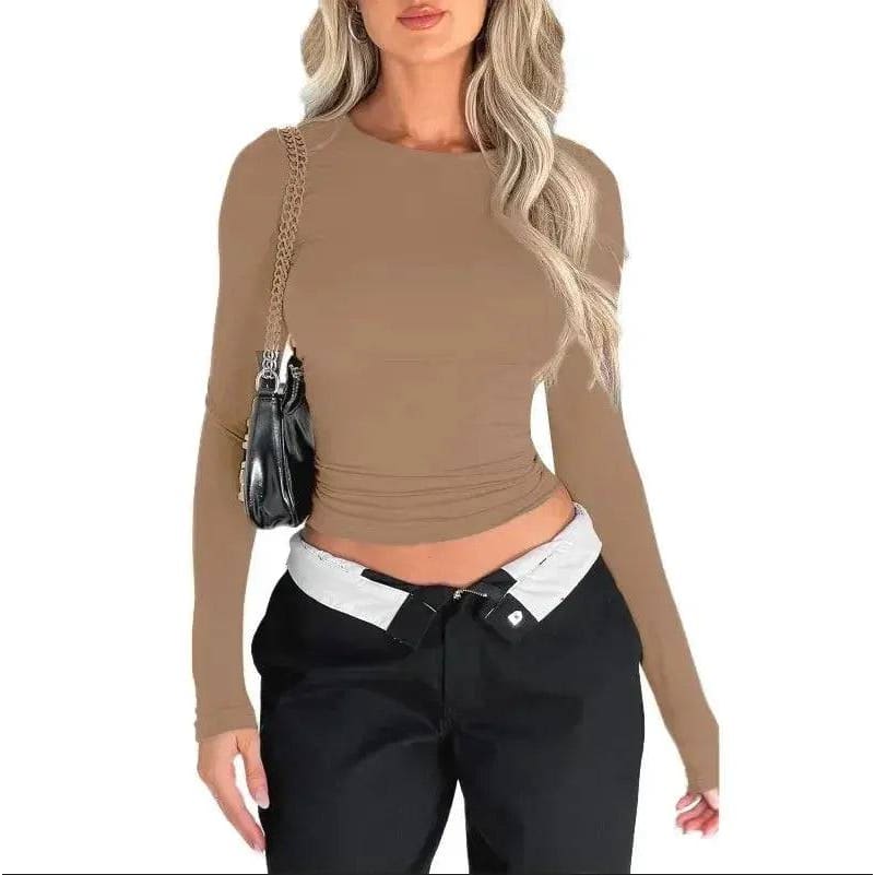 Summer Fashion Set – Pink Long Sleeve & White Crop Top - Khaki / S