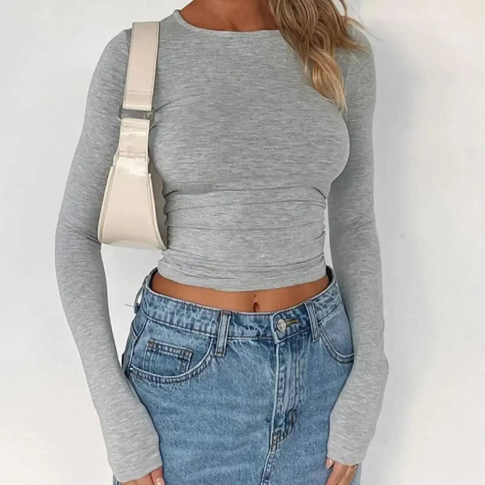 Summer Fashion Set – Pink Long Sleeve & White Crop Top - Light Grey / L