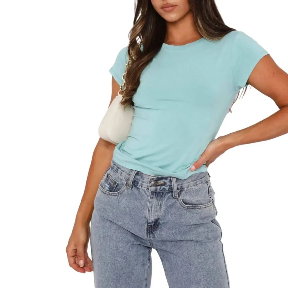 Summer Fashion Set – Pink Long Sleeve & White Crop Top - short light blue / XL