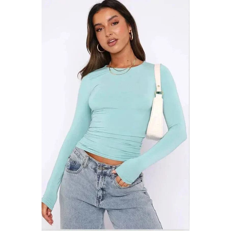 Summer Fashion Set – Pink Long Sleeve & White Crop Top - Sky blue / S