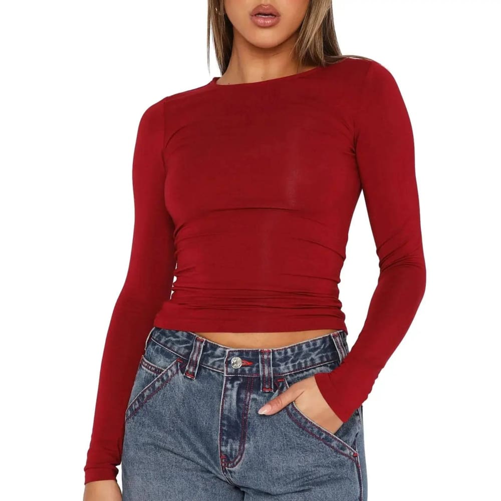 Summer Fashion Set – Pink Long Sleeve & White Crop Top - Wine red / S