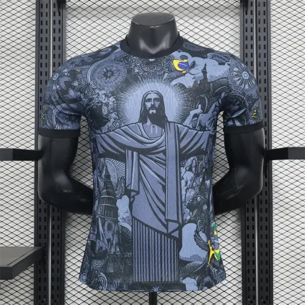 razil Special Edition ’Jesus’ Football Jersey - Black & Grey Summer Training Top - Quick-Drying Outdoor Soccer T-Shirt