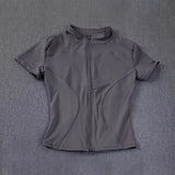 Summer High Quality Waist Slimming Training Tops Women’s Quick-drying Tight Stand Collar Full Zipper Short Sleeves Yoga