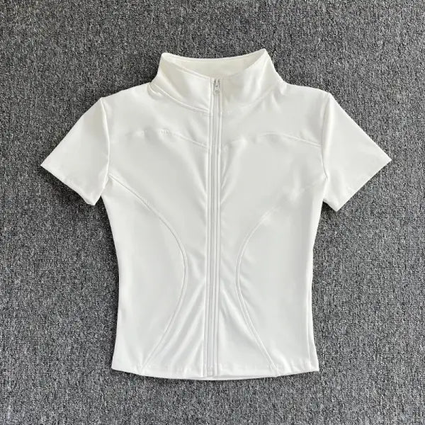 Summer High Quality Waist Slimming Training Tops Women’s Quick-drying Tight Stand Collar Full Zipper Short Sleeves Yoga