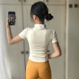 Summer High Quality Waist Slimming Training Tops Women’s Quick-drying Tight Stand Collar Full Zipper Short Sleeves Yoga